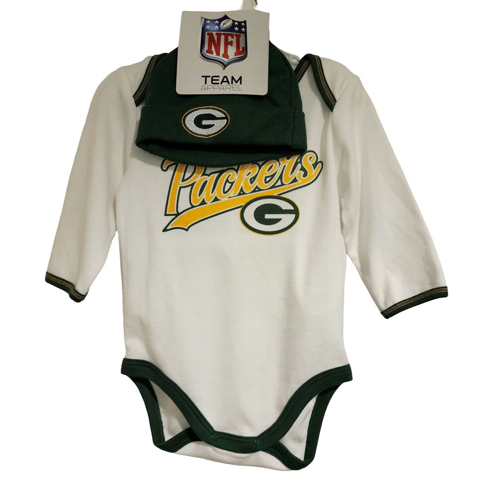 NWT Licensed NFL Packers Baby Bodysuit Hat 3-6mo White Green Yellow Cotton-Blend